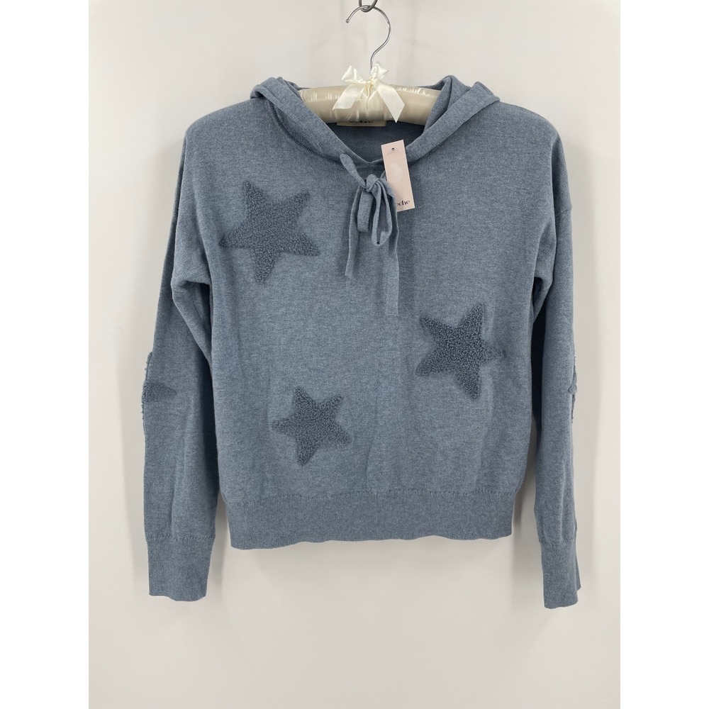 Eche Hooded Cotton Sweater Blue Bouclé Star Appliqué Hoodie XS NWT